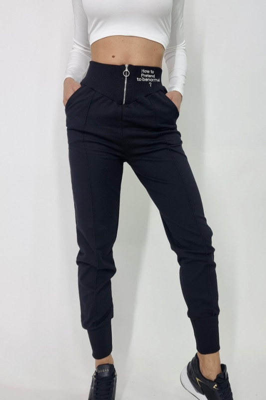 Pantaloni sport Bloston, cu talie inalta si corset, Negru