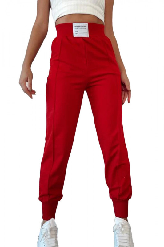 Pantaloni sport Janina, din bumbac, cu talie inalta si mansete elastice, Rosu