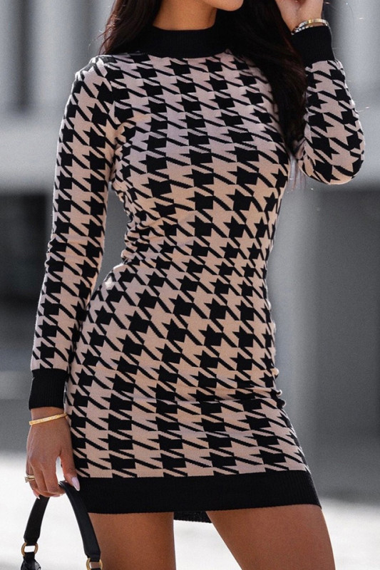 Rochie office Linda, tricot, tip creion, cu guler pe gat si imprimeuri geometrice, Bej star