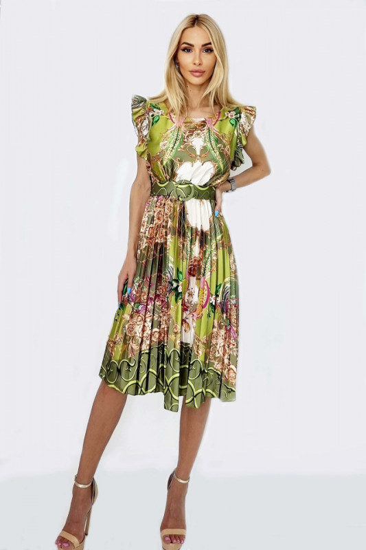 Rochie plisata Liliana, cu maneca scurta si volanase, Verde2