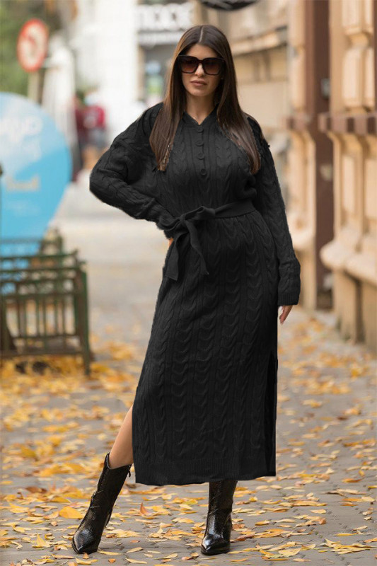 Rochie tricotata Melina, cu gluga si cordon, negru