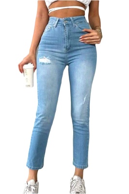 Blugi boyfriend Guasave, cu textura elastica si perforatii, Albastru zapada 5