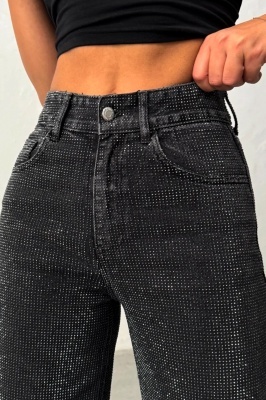 Blugi wide leg cu elastan, Cairo si strasuri, Negru detaliu