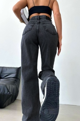 Blugi dama croi wide leg, Frisco, si decupaje cu fermoar, Gri inchis spate detaliu