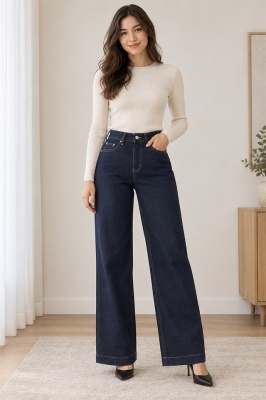 Blugi dama LYSENIA wide leg, cu talie inalta si croi larg, Albastru inchis