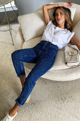 Blugi dama Pierre, momfit, cu talie inalta si strasuri aplicate, Albastru denim 4
