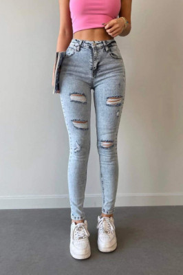 Blugi dama skinny, Abas, cu talie inalta, perforatii ample asimetrice si super elastan, Albastru2
