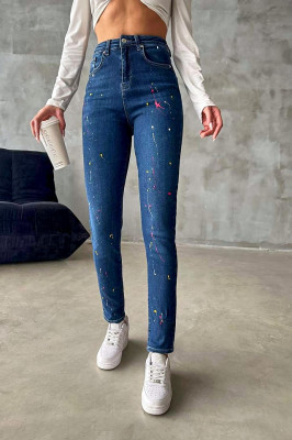 Blugi dama, Splash Paint, croiala elastica boyfriend cu detalii cromatice, Albastru   5