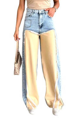 Blugi dama wide leg Zagora, cu insertii din fas si franjuri, Crem