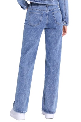 Blugi de dama Phoenix Romb, croiala relaxed fit, cu imprimeu geometric, Albastru denim detaliu spate