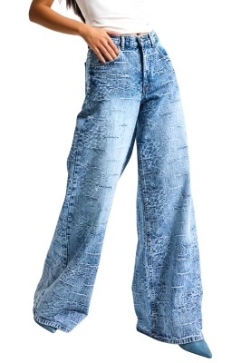Blugi imprimeu presat ICE GLACYA, loose fit cu buzunare, Albastru prespalat