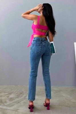 Blugi mom fit Acapulco, cu talie inalta si usor elastici, Albastru deschis spate