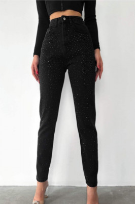 Blugi boyfriend Glim, cu talie inalta, paiete frontale, buzunare si croiala conica, Negru