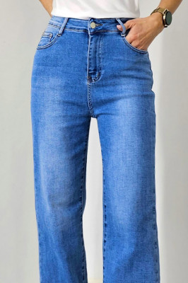 Blugi mom fit MonTery, cu slit scurt pe picior si lungime oversize, Albastru prespalat 1