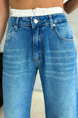 Blugi mom fit Qatar, cu banda elastica in talie si aspect prespalat, Albastru 2