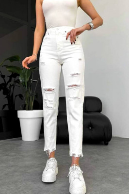 Blugi mom slimfit Mauris, cu perforatii ample pe linia piciorului  4