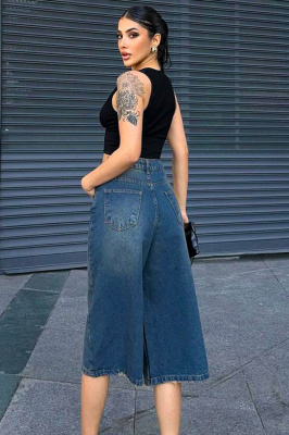 Pantaloni scurti Conan, croiala mom baggy cu talie inalta, Albastru inchis spate
