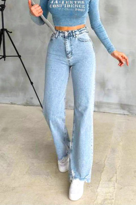 Blugi wide leg Yukatan, cu tiv perforat si aspect prespalat, Albastru zapada 2
