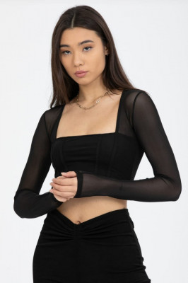 Bluza crop Shany, croiala cu aspect de corset si textura transparenta, Negru
