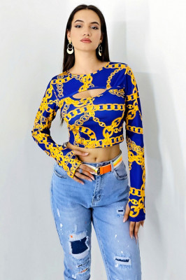 Bluza crop Sienna, cu decolteu decupat si maneca cu fenta/deget, Blue Chain 2