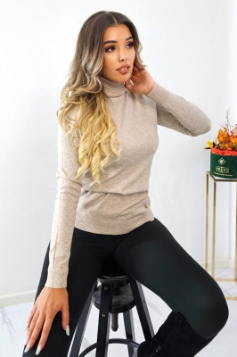 Bluza cu casmir si lana, PATY Roll, guler inalt si accesoriu inima, Bej, marime universala