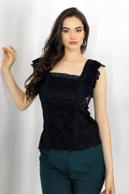 Bluza din dantela Aimee, cu volanase si croiala cambrata, Negru, Marime universala S/M1