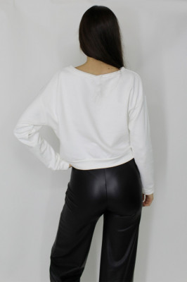 Bluza sport Happiness, bumbac, guler rotund si imprimeu motivational, Alb1