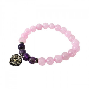 Brățară Amethyst Rose Quartz, din pietre semiprețioase si charm inima, in cutie cadou 4