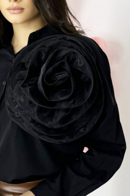 Camasa bumbac Organza Sweet, cu accesoriu floral oversize, detasabil, Negru, Marime S/M 4