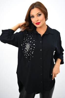 Camasa dama Dazzle, croiala asimetrica si strasuri decorative aplicate, Negru detaliu fata