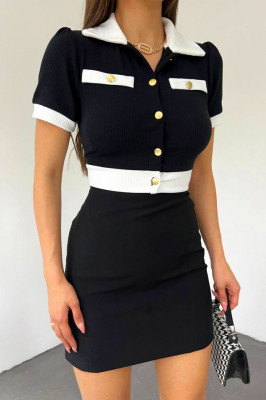 Bluza dama Nya, croiala crop cu textura striata, Negru2