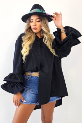 Camasa eleganta Sugar LoLLy, maneci cu volane si croi supradimensionat, Negru, Marime S/M/L 2