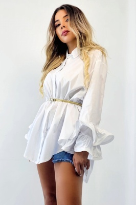 Camasa eleganta Sugar LoLLy, maneci cu volane si croi supradimensionat, Alb, Marime S/M/L 2