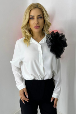 Camasa office Alizee, cu accesoriu floral din organza, Alb/Negru, Marime S/M 2
