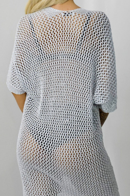 Cardigan clasic Crochet, cu accesoriu tip brosa si maneca scurta, Gri, Marime S/M/L 3