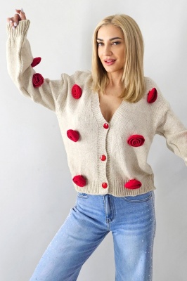 Pulover de dama Rowan, cu nasturi si trandafiri rosii tricotati, Bej, Marime S/M/L
