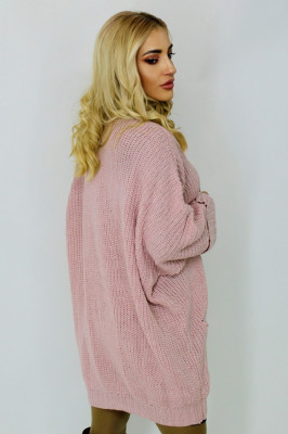Cardigan lung Himmea, tricot, cu maneci oversize si croiala conica, Roz1