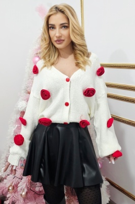 Cardigan scurt Rowan, cu nasturi si trandafiri tricotati nedetasabili, Alb, Marime S/M/L