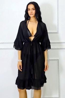 Cardigan de plaja dama Amber Muse, model vaporos verde cu volane la maneci si baza, inchidere reglabila cu snur elastic