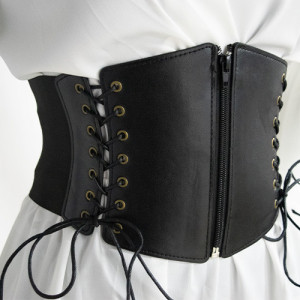 Centura corset Demy neagra, lata, din piele ecologica, cu banda elastica, snururi si fermoar