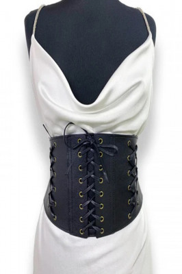 Centura corset Glam neagra, lata, din piele ecologica, elastica, cu snururi3