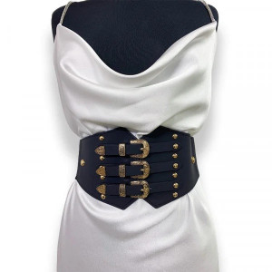 Centura corset Vog neagra, lata, din piele ecologica, elastica, cu catarame aurii2