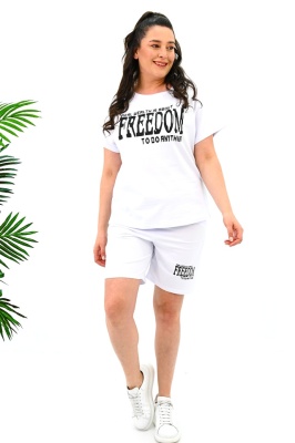 Compleu batal Melis, cu tricou imprimat si pantaloni scurti, Alb
