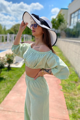 Compleu creponat Theria, bluza crop cu umerii goi, si pantaloni lungi culottes, Vernil, Marime universala S/M3