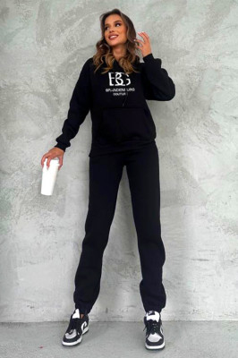 Compleu bumbac vatuit BiGest, cu gluga, inscriptionat, si croi sport, Negru