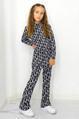 Compleu casual, Agathea Kids, pantaloni tetra evazati si bluza lunga asimetrica, Black Disco 2