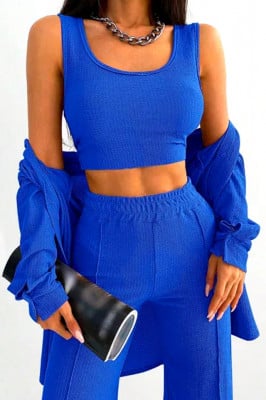 Compleu casual Aleksa, din trei piese, cu top, camasa si pantaloni evazati, Albastru 4