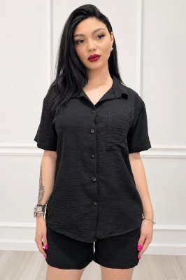 Compleu dama cu cristale KARMELL camasa lejera si pantaloni scurti negru