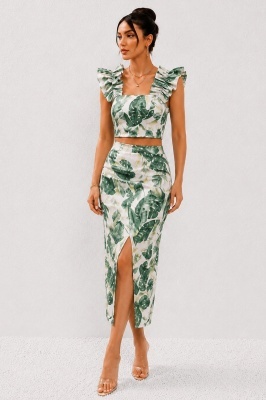 Compleu casual de vara ORLINEA fusta si top crop cu volane, Botanical Green