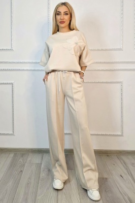Compleu crem dama lejer cu pantaloni lungi